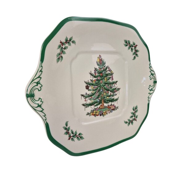 Spode Christmas Tree Handled Cake Plate S3324 R England Green Trim Indent - Picture 3 of 10